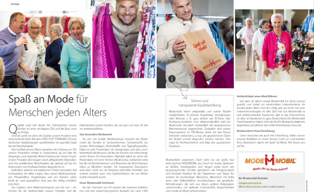 Doppelseitiger Bericht über MODEMOBIL im Seniorenheim-Magazin, Ausgabe 1/2026